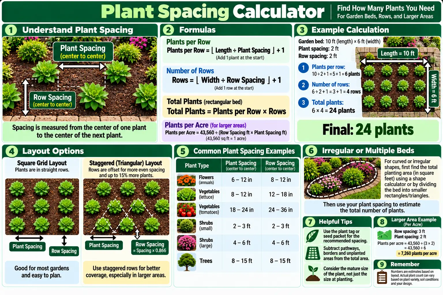 Plant spacing calculator infographic showing plant spacing, row spacing, square and staggered layouts, and plant counts.